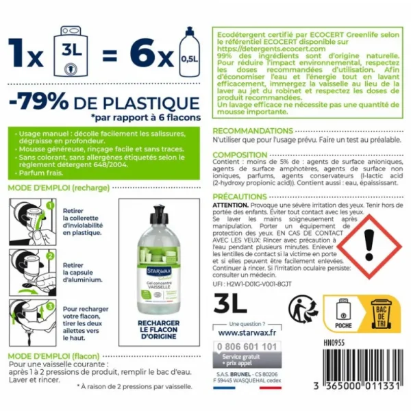 STARWAX Écologiques | Cuisine<Eco recharge Gel concentré vaisselle Soluvert,